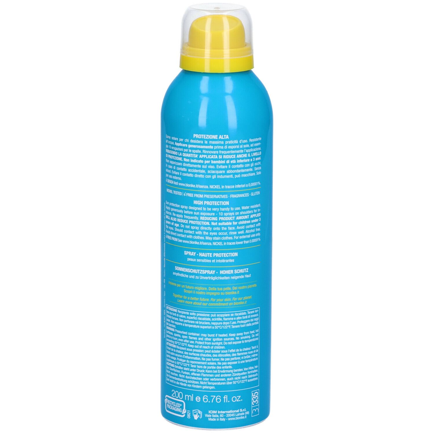 Retro di un flacone spray turchese. Erogatore giallo. Testo in italiano. Volume: 200 ml.