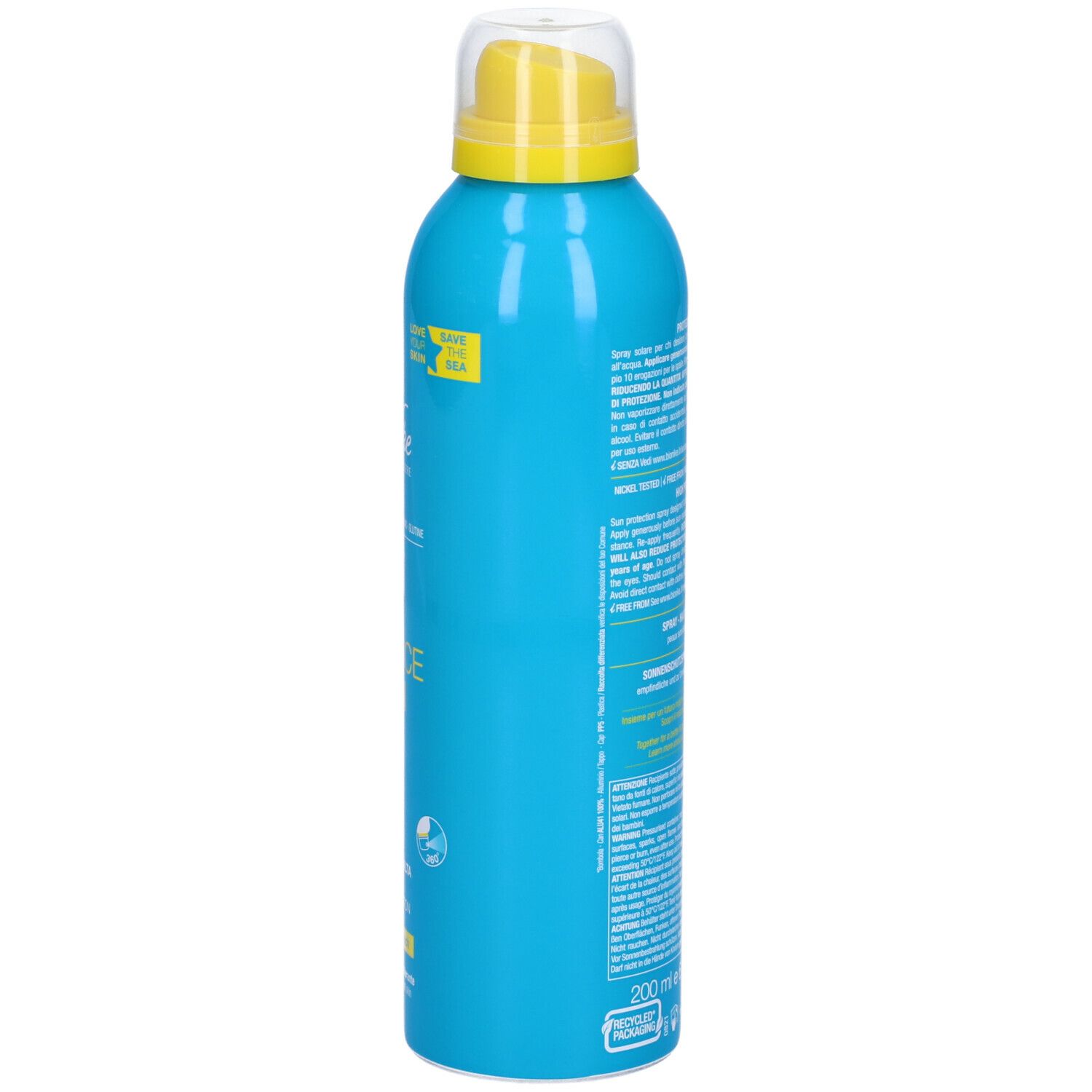 Vista laterale di un flacone spray turchese. Erogatore giallo. Testo in italiano. Volume: 200 ml.