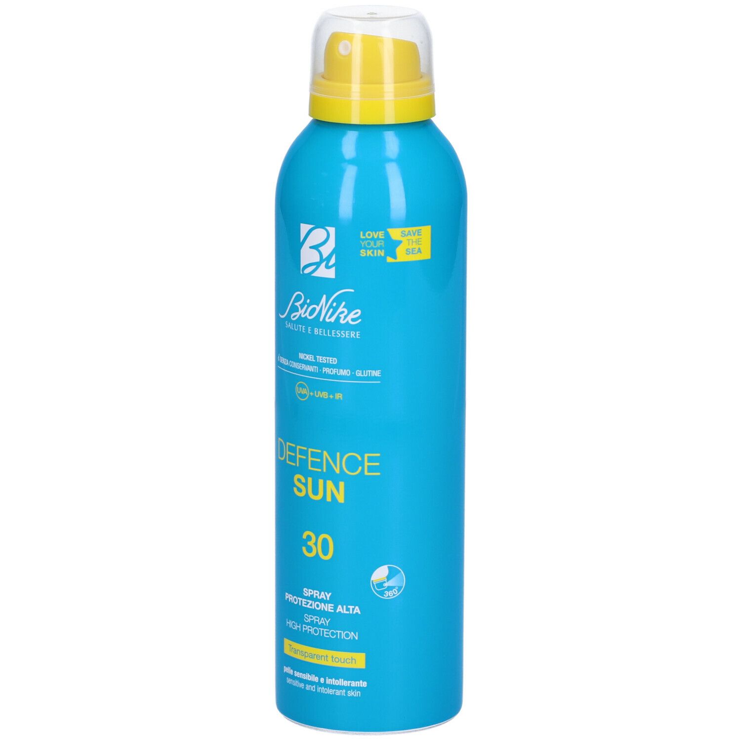 Flacone spray blu turchese con erogatore giallo. Scritta: Defence Sun 30, Spray, alta protezione. Marchio BioNike.