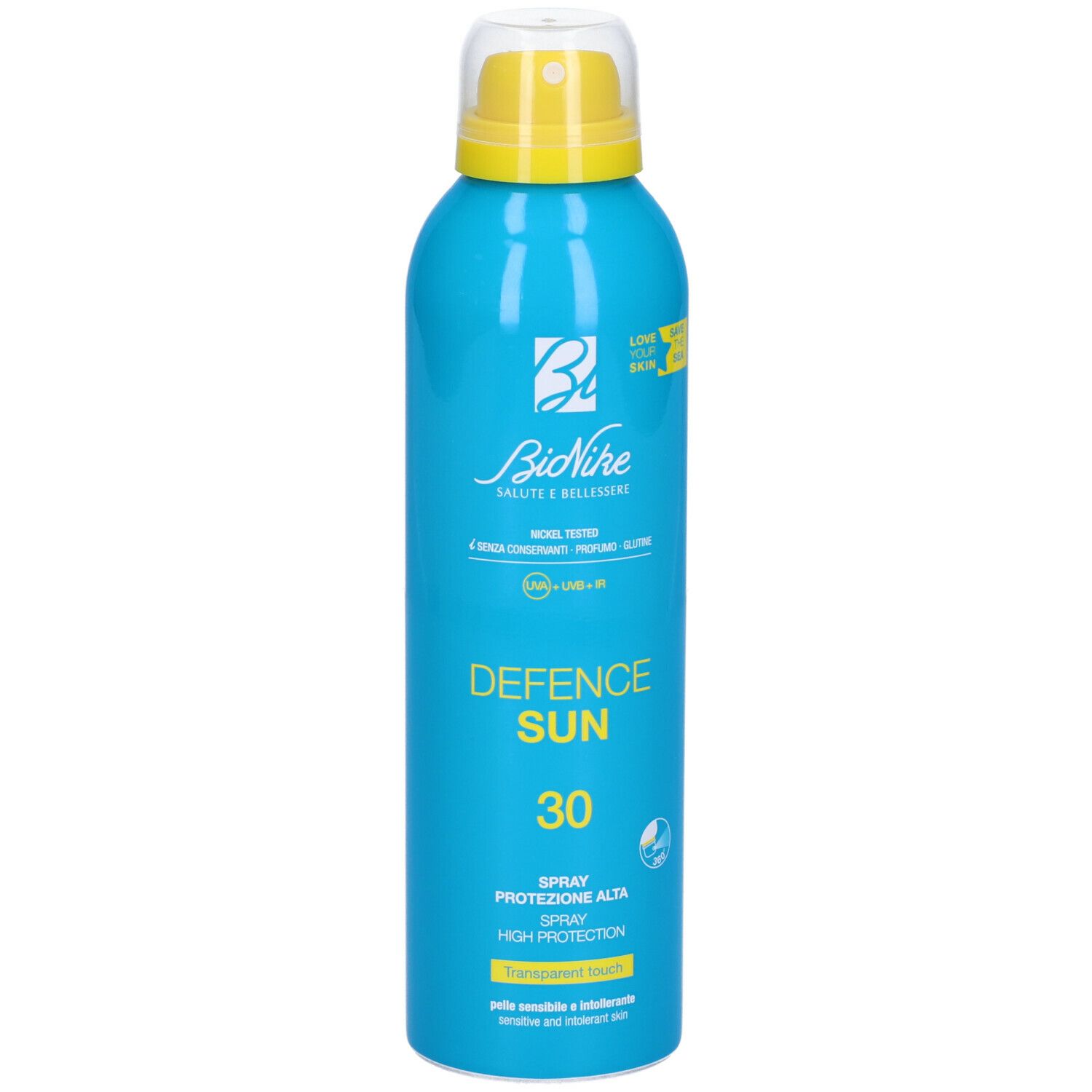 Flacone spray blu turchese con erogatore giallo. Scritta: Defence Sun 30, Spray, alta protezione. Marchio BioNike.