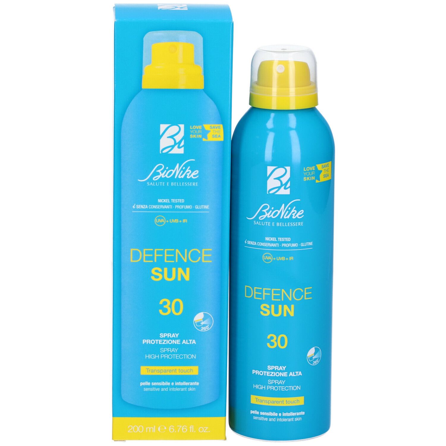 Flacone spray blu turchese e confezione. Scritta: Defence Sun 30, Spray, alta protezione. Marchio BioNike. Volume: 200 ml.