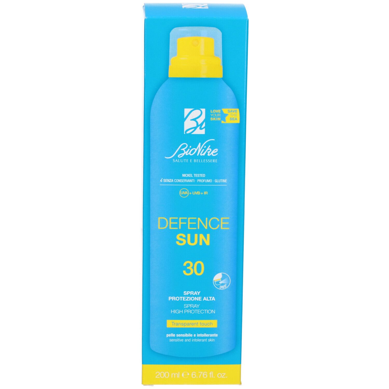 Confezione di un flacone spray turchese. Scritta: Defence Sun 30, Spray, alta protezione. Marchio BioNike. Volume: 200 ml.