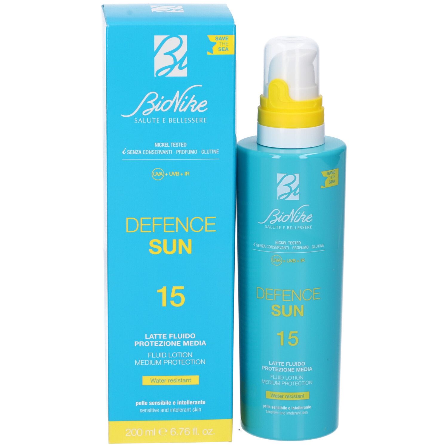 Produkt und Verpackung. Türkisblaue Flasche und Schachtel. Aufschrift: Defence Sun 15, Latte Fluido, Medium Protection. Marke: BioNike.