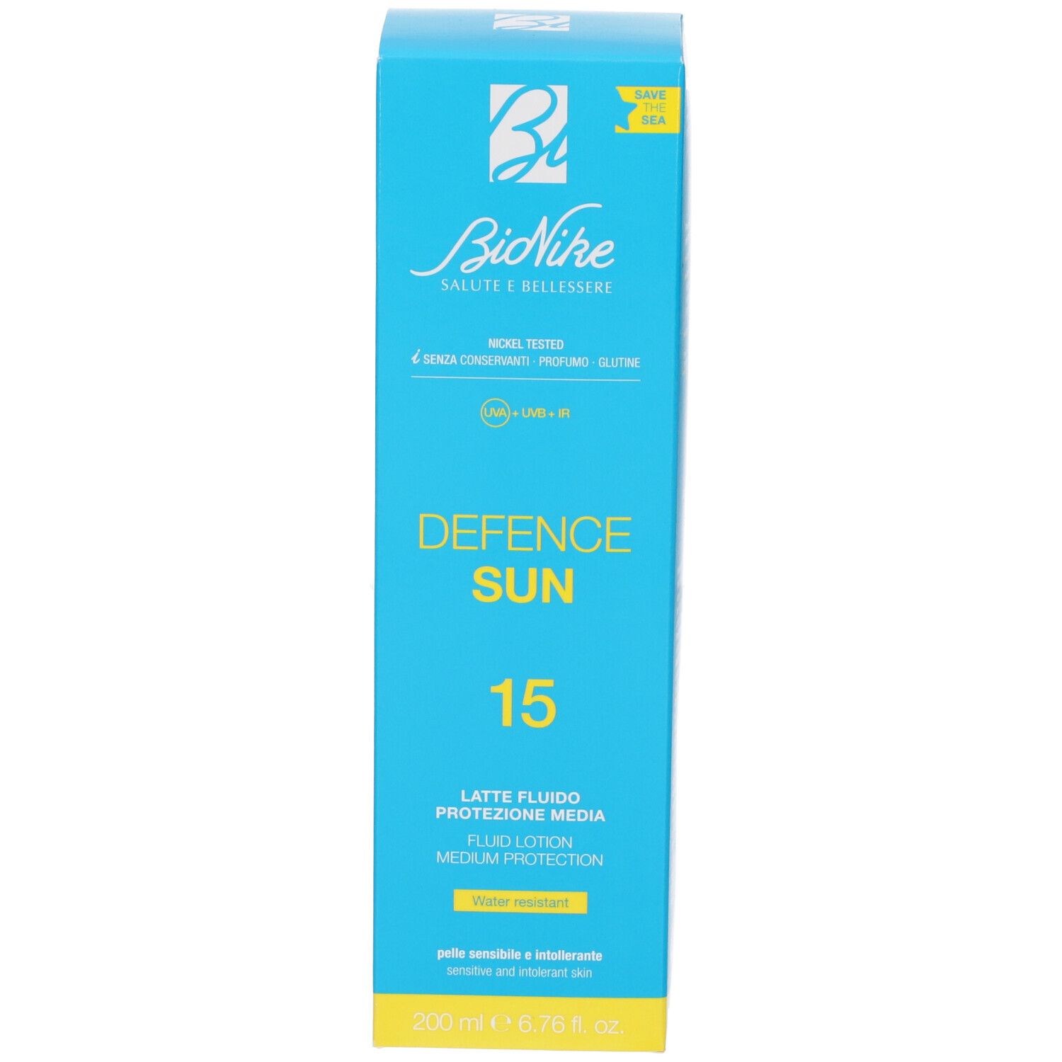 Türkisblaue Schachtel. Aufschrift: Defence Sun 15, Latte Fluido, Medium Protection. Marke: BioNike. Volumen: 200 ml.