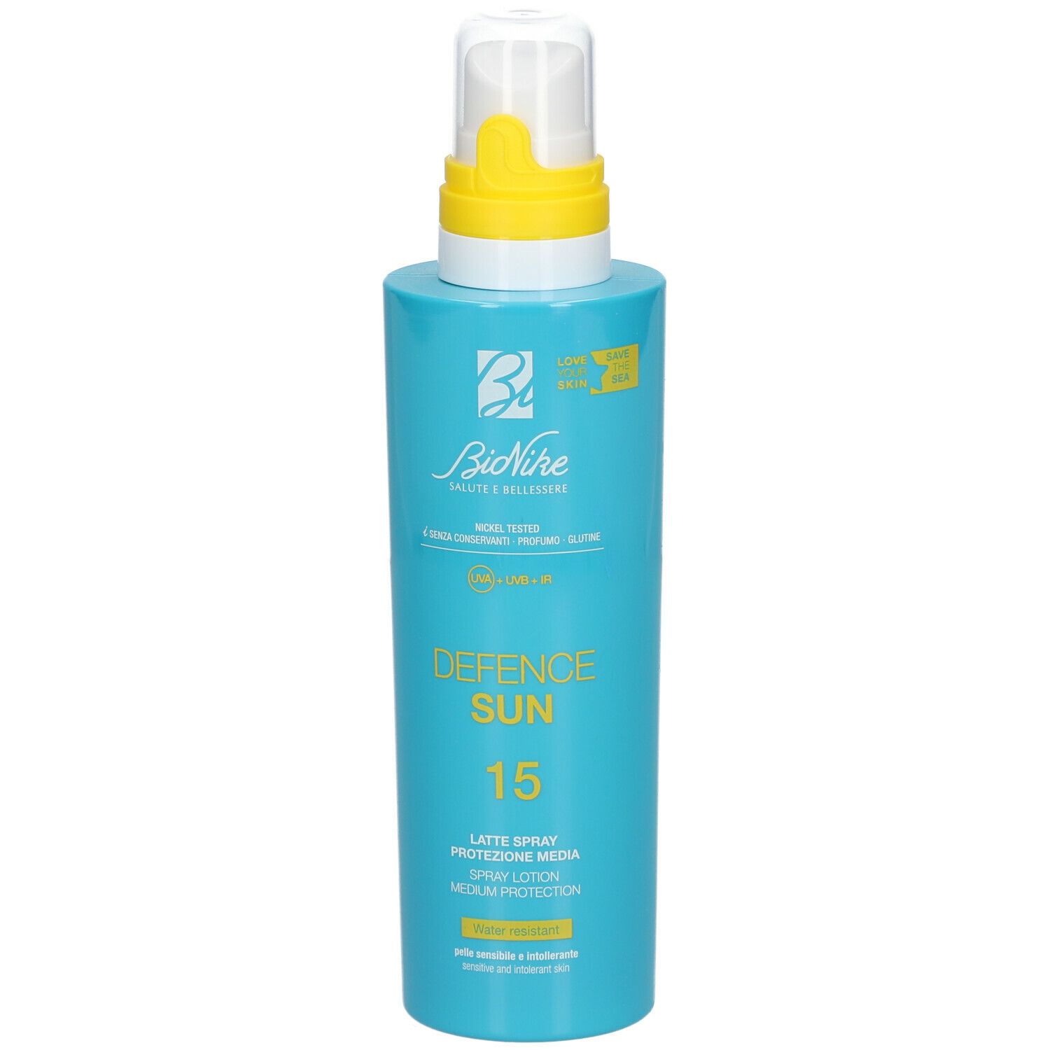 Flacone spray blu turchese con erogatore giallo. Scritta: Defence Sun 15, Latte Spray, protezione SPF 15.
