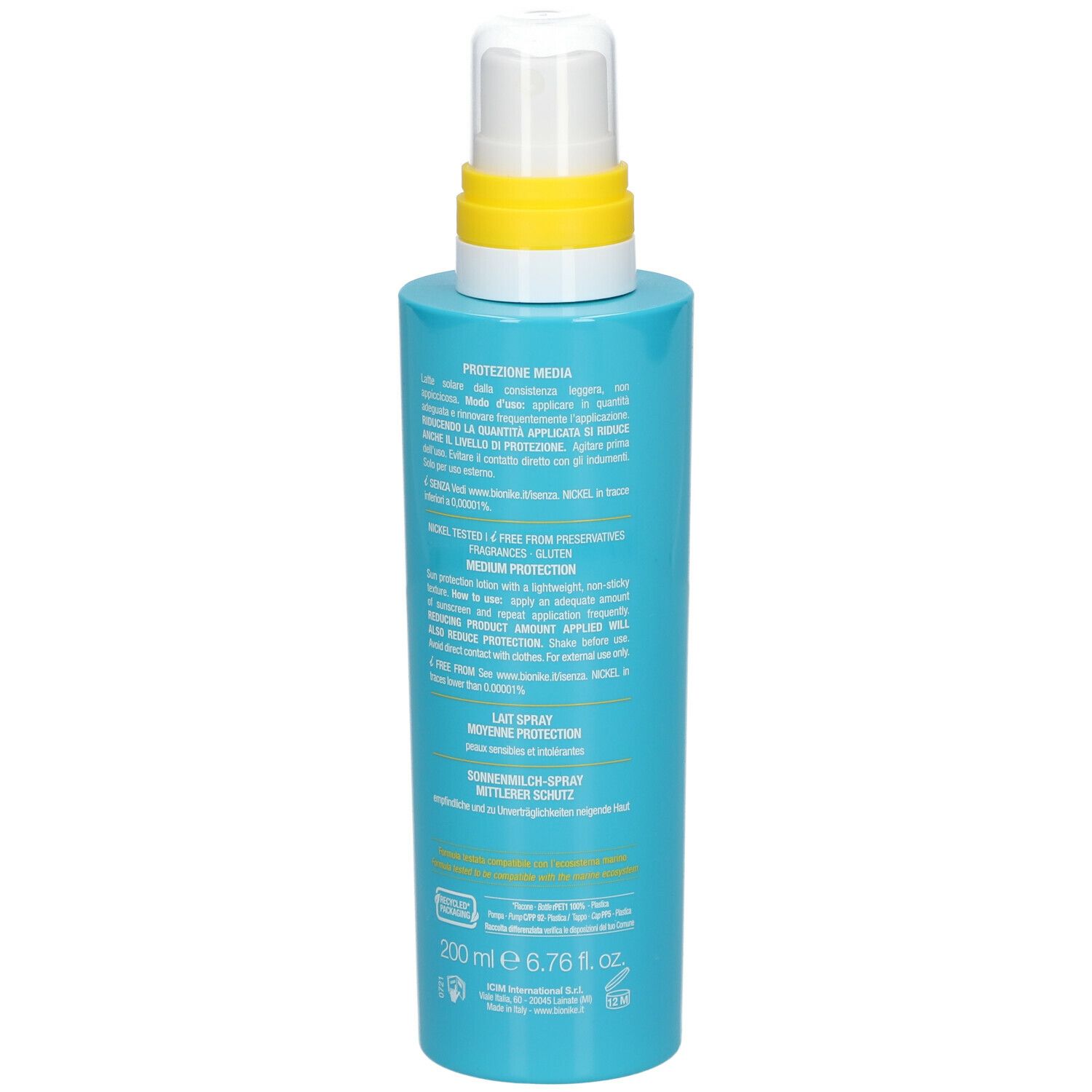 Retro di un flacone spray turchese. Testo multilingue. Scritta: 200 ml e 6.76 fl. oz.