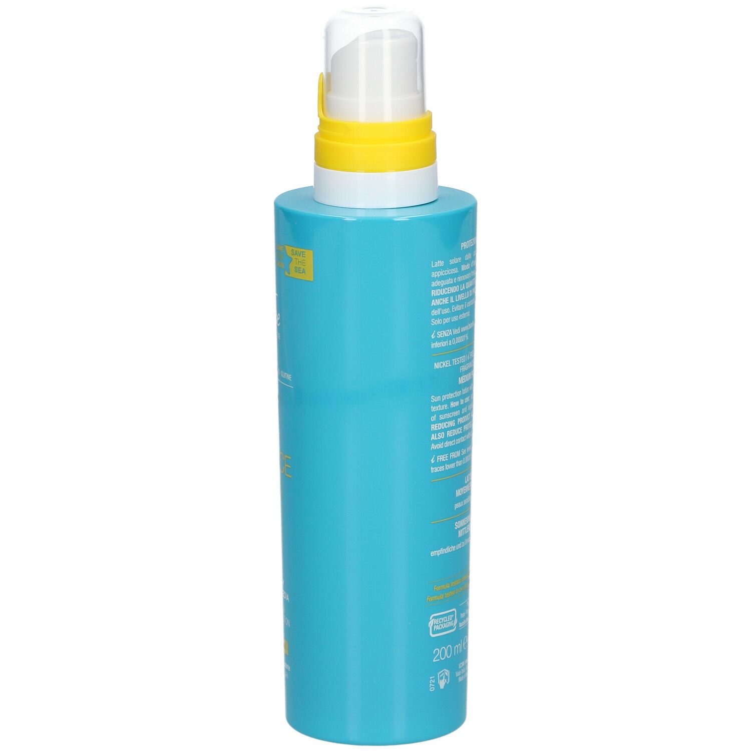 Retro di un flacone spray turchese. Testo multilingue. Scritta: 200 ml.