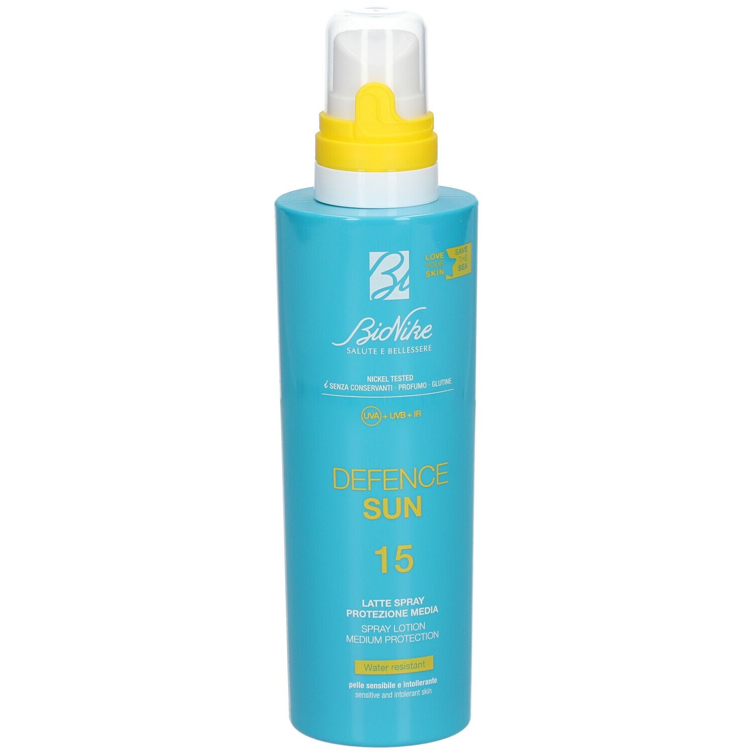 Flacone spray blu turchese con erogatore giallo. Scritta: Defence Sun 15, Latte Spray, protezione SPF 15.