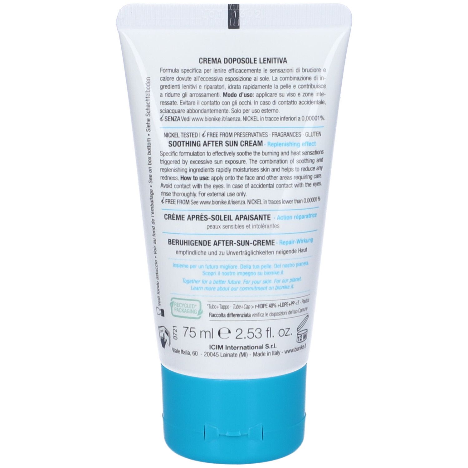 Rückseite einer weißen Tube. Text: Creme Doposole Lenitiva. Inhaltsstoffe und Anwendungshinweise. Nickel Tested.