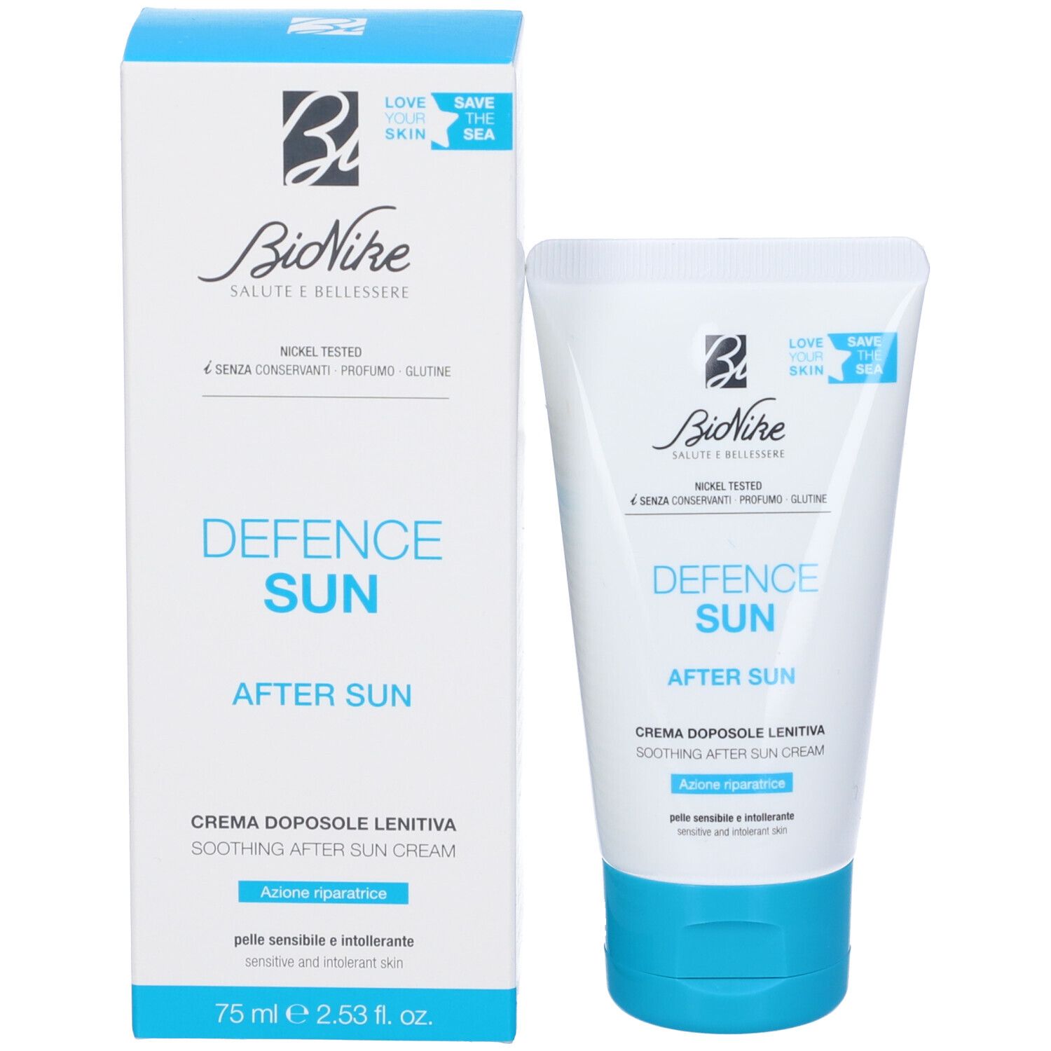 Produktverpackung mit Tube. Aufschrift: Bionike Defence Sun After Sun. Text: Creme Doposole Lenitiva. Nickel Tested.