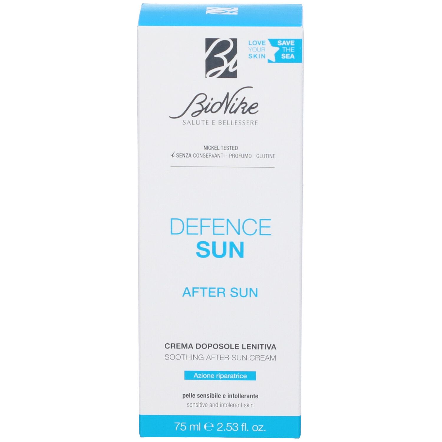 Weiße Produktverpackung. Aufschrift: Bionike Defence Sun After Sun. Text: Creme Doposole Lenitiva. Nickel Tested.