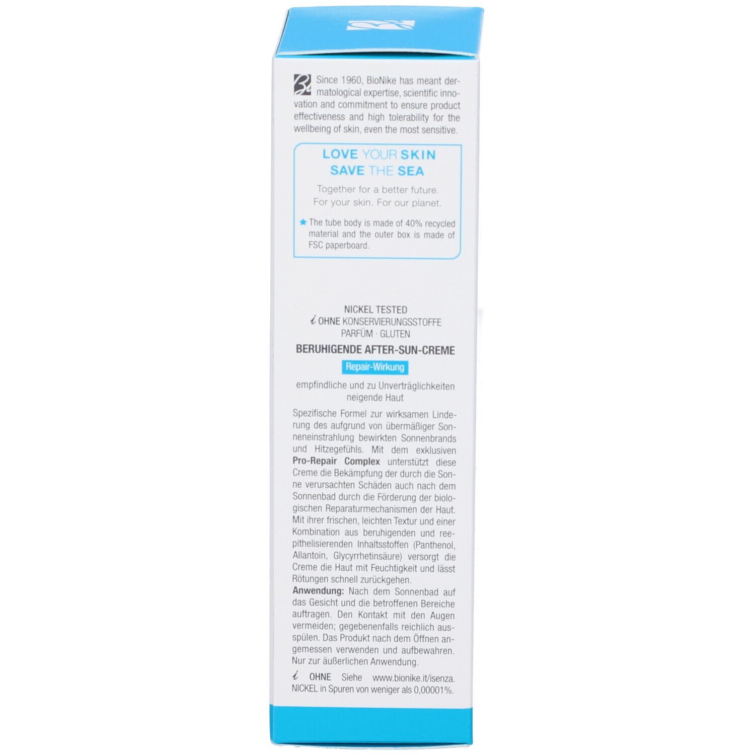 Produktverpackung. Text: Bionike, Nickel Tested, Beruhigende After-Sun-Creme. Inhaltsstoffe und Anwendungshinweise.