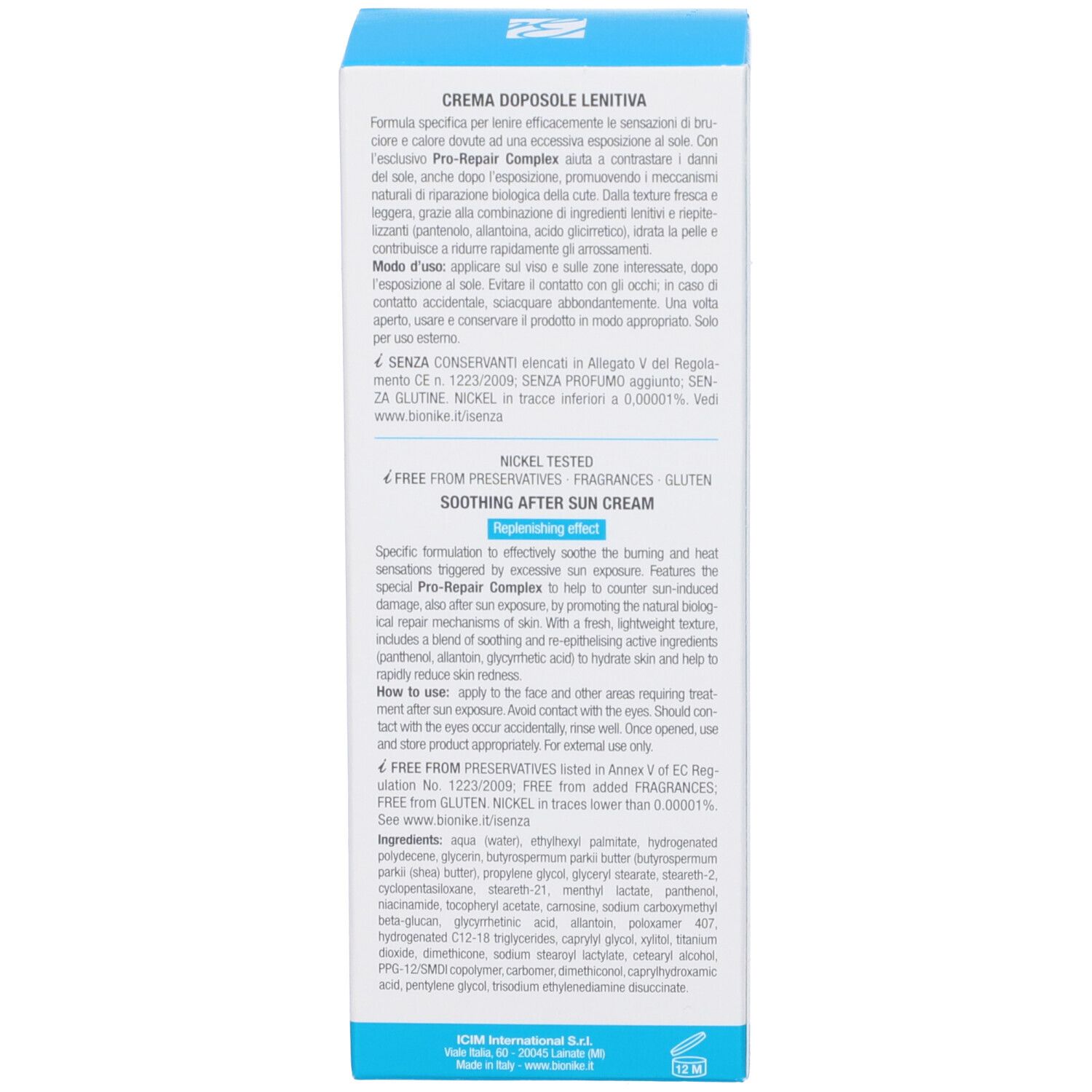 Produktverpackung. Text: Creme Doposole Lenitiva, Inhaltsstoffe, Anwendungshinweise. Nickel Tested, Glutenfrei, Ohne Konservierungsstoffe.