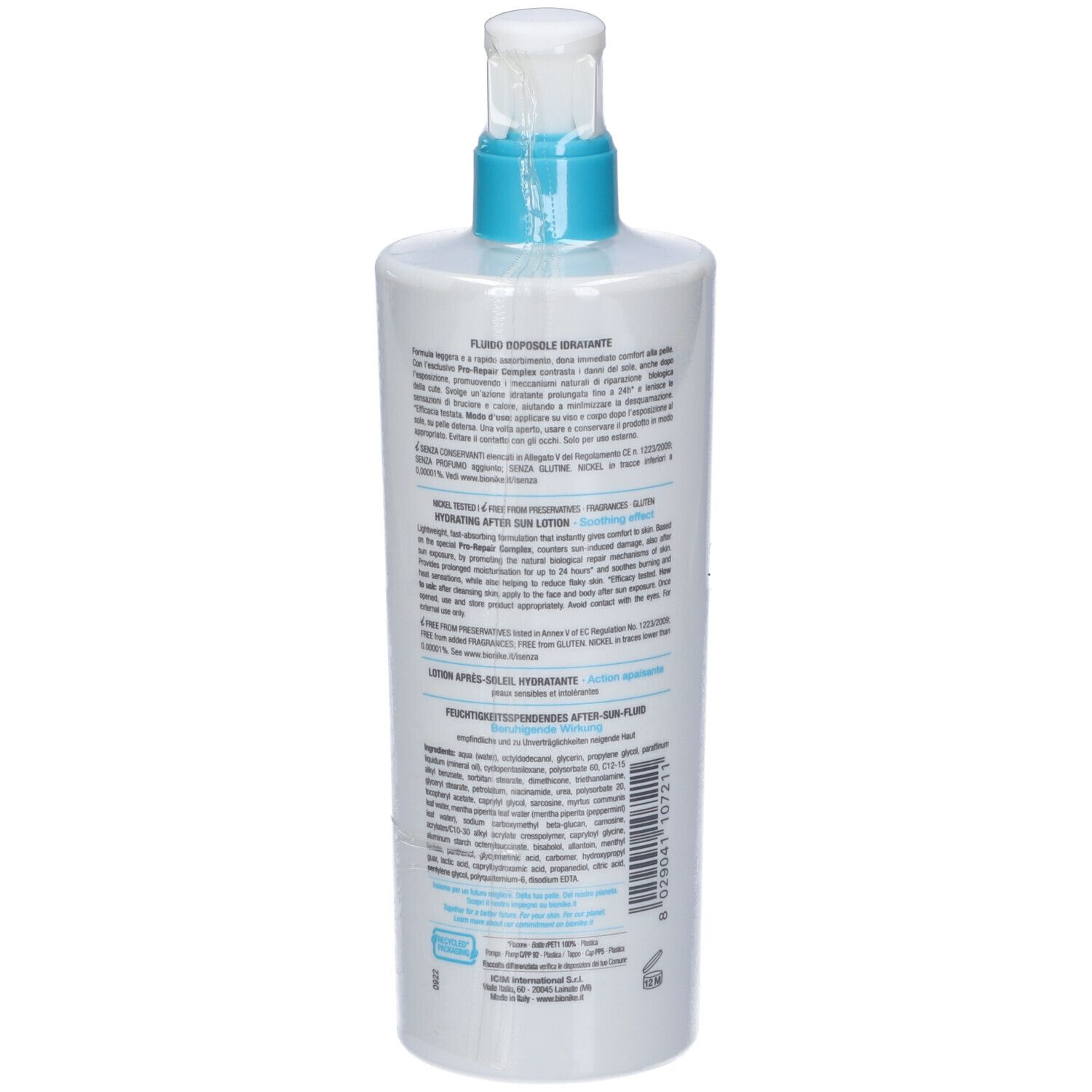 Weiße Flasche mit blauem Pumpkopf. Text auf der Rückseite. Marke: BioNike.