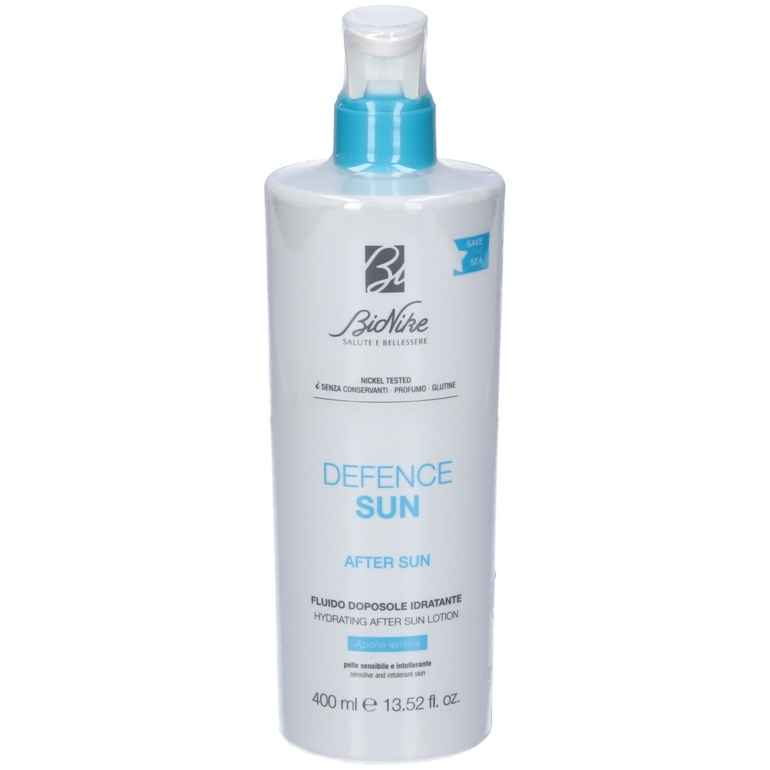 Weiße Flasche mit blauem Pumpkopf. Aufschrift: Defence Sun After Sun. Marke: BioNike.
