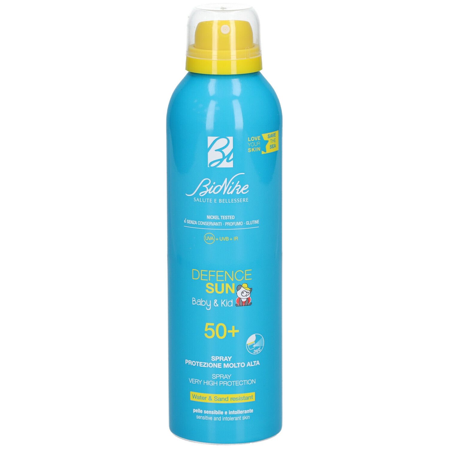 Flacone spray blu turchese con erogatore giallo. Scritta: Defence Sun Baby & Kid 50+. Resistente all'acqua e alla sabbia.