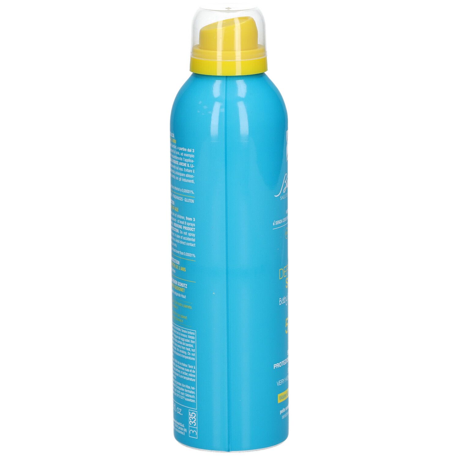 Flacone spray blu turchese, vista laterale. Erogatore giallo. Testo sul flacone. Nome del prodotto illeggibile.