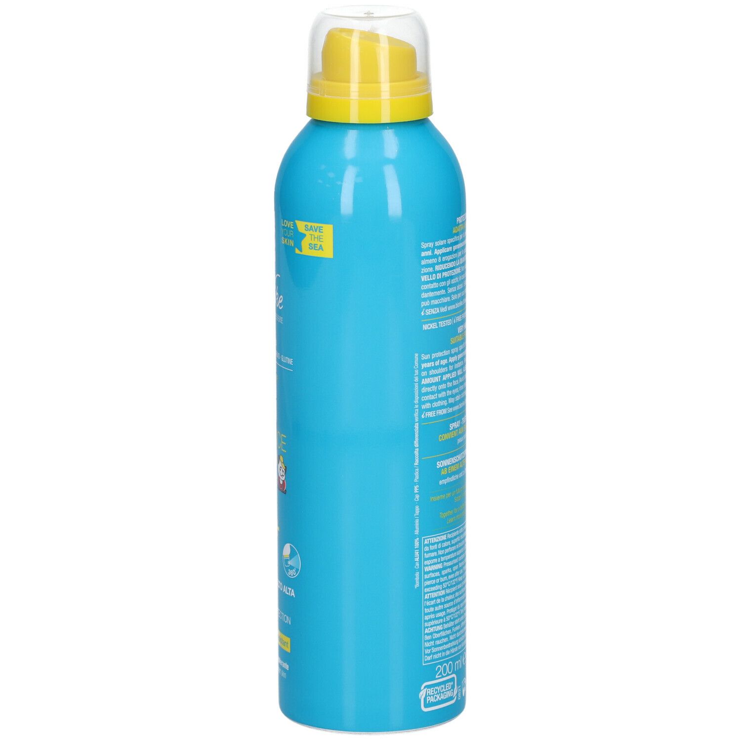 Flacone spray blu turchese con erogatore giallo. Testo sul flacone. Nome del prodotto illeggibile.