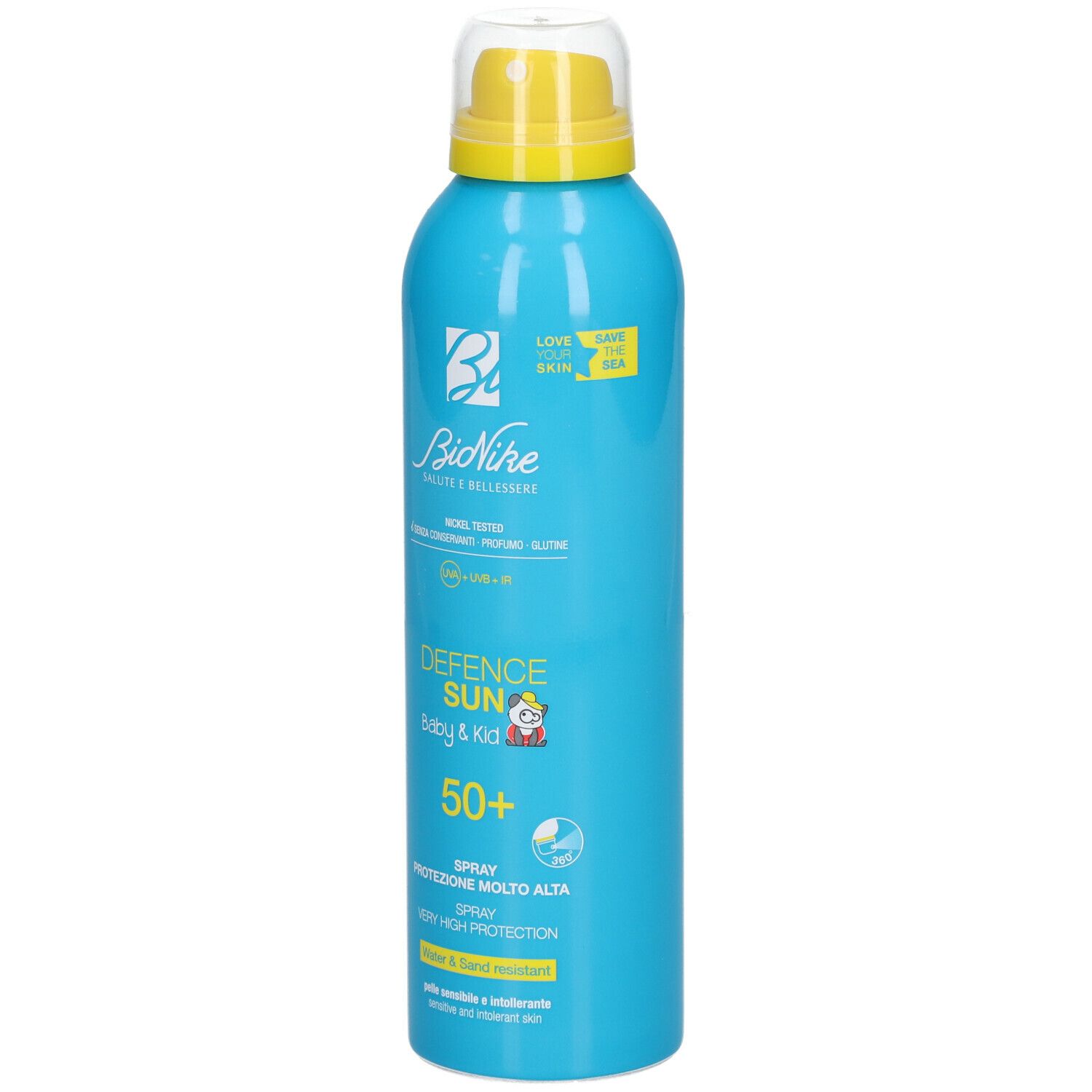 Flacone spray blu turchese con erogatore giallo. Scritta: Defence Sun Baby & Kid 50+. Resistente all'acqua e alla sabbia.