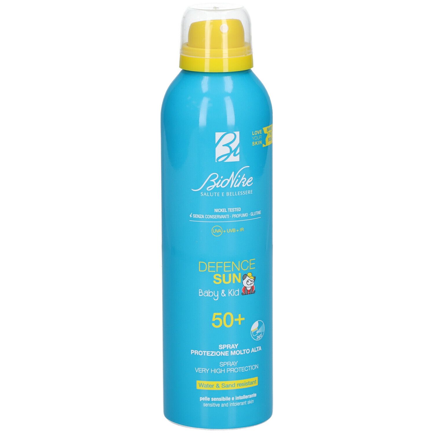 Flacone spray blu turchese con erogatore giallo. Scritta: Defence Sun Baby & Kid 50+. Resistente all'acqua e alla sabbia.