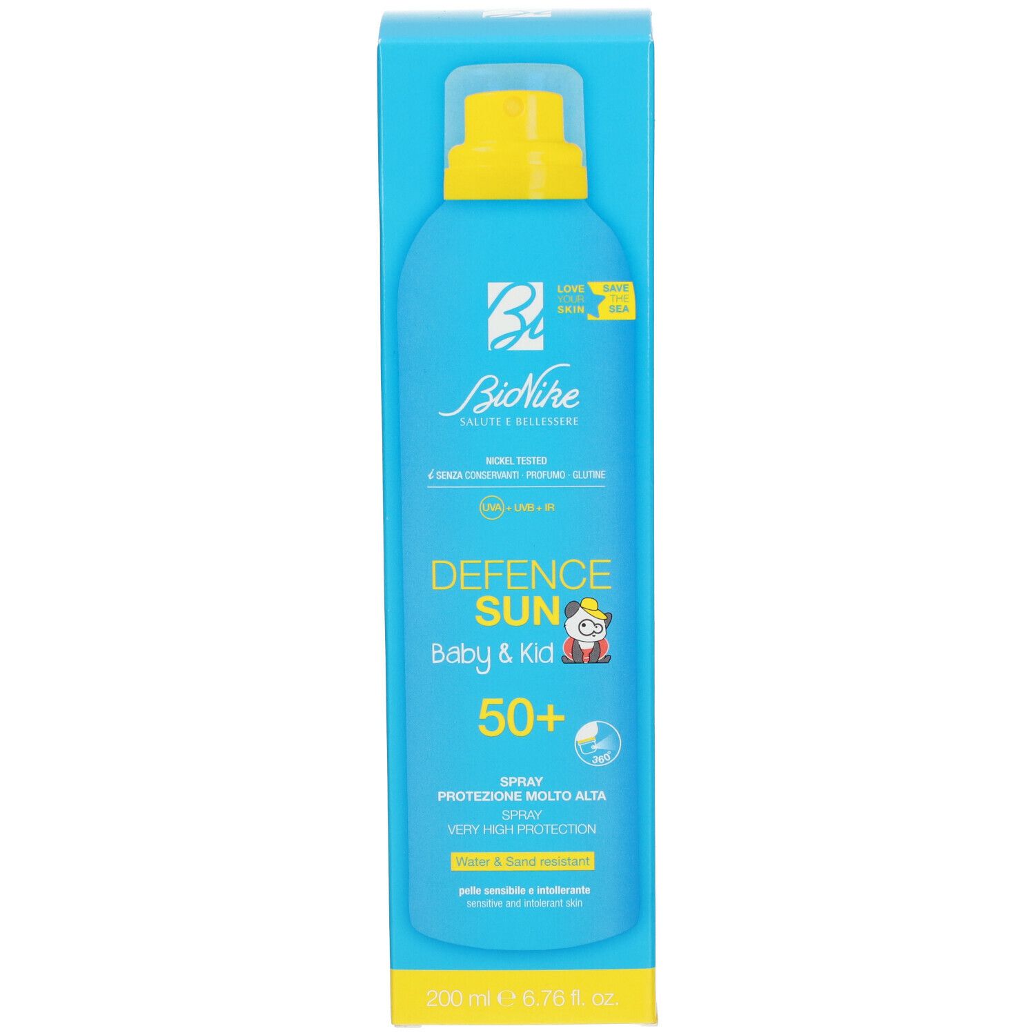 Flacone spray turchese con erogatore giallo in una confezione. Scritta: Defence Sun Baby & Kid 50+.