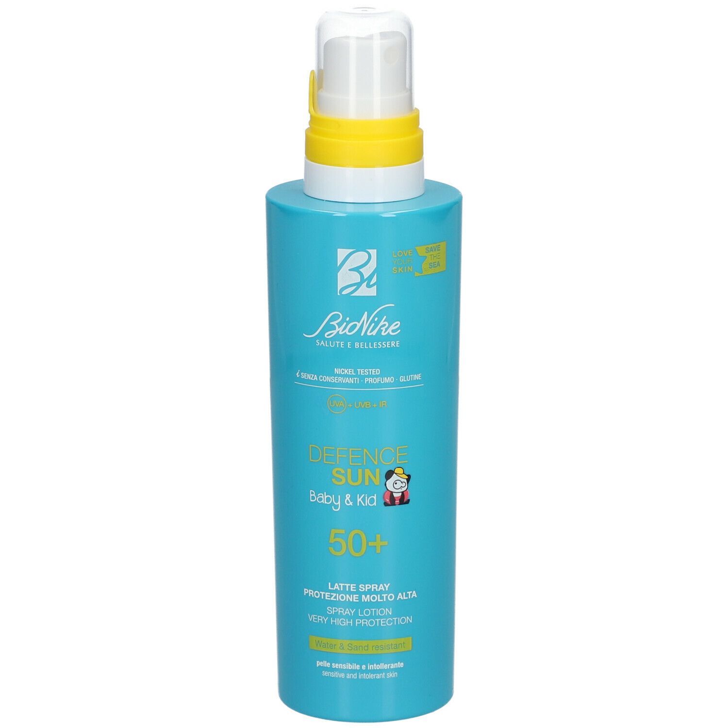 Flacone spray blu turchese con erogatore giallo. Scritta: Defence Sun Baby & Kid 50+.