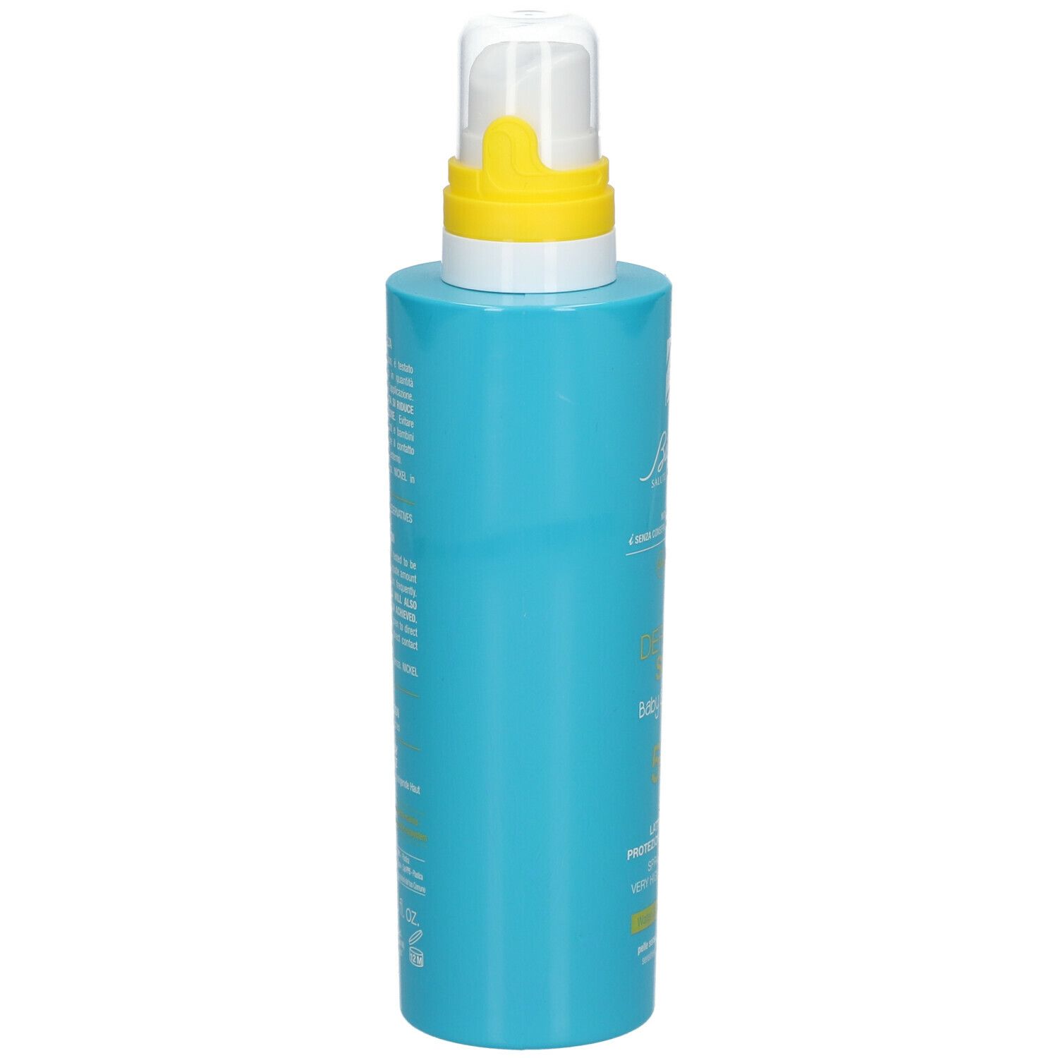 Flacone spray blu turchese, vista laterale. Erogatore giallo. Scritta illeggibile.
