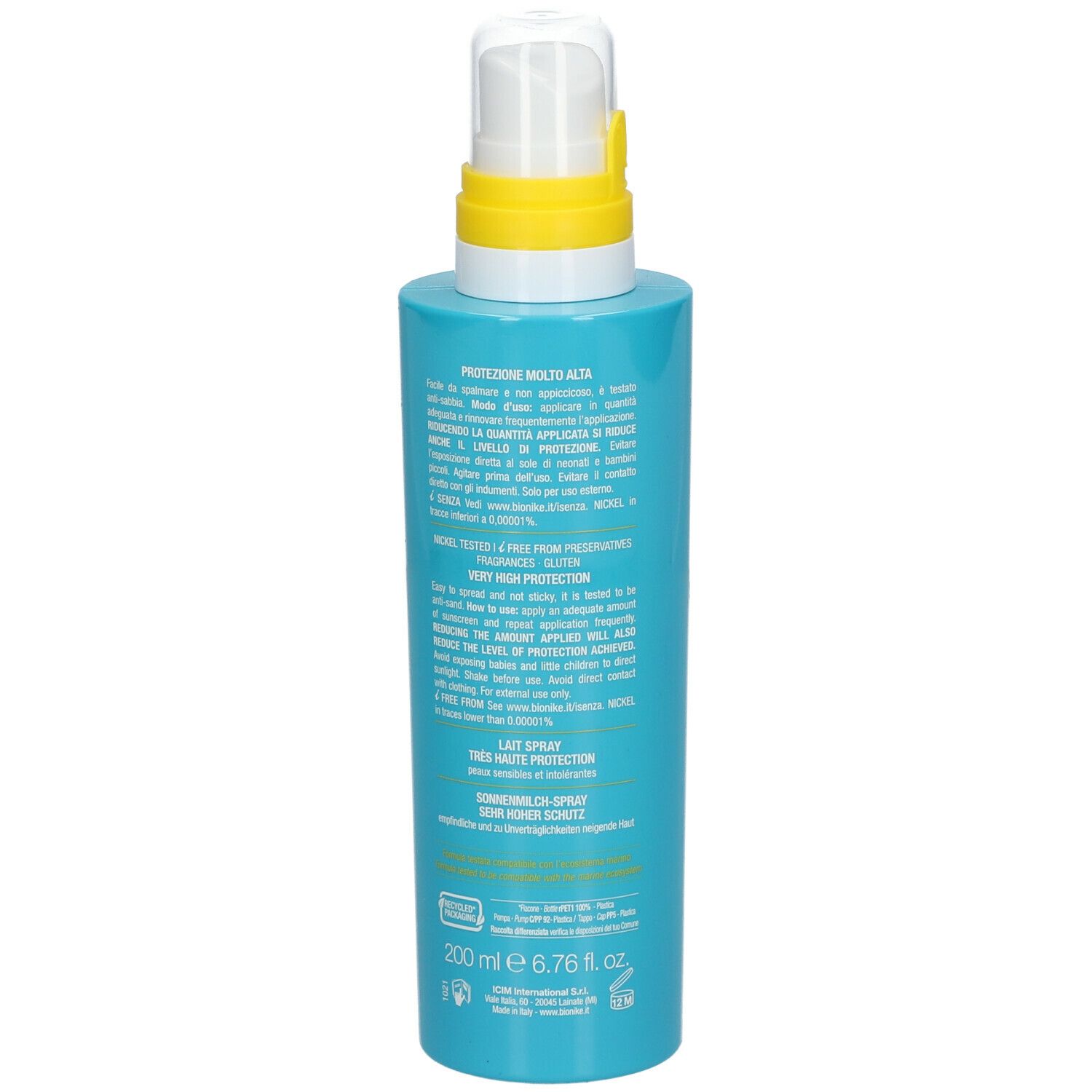 Flacone spray blu turchese, retro. Testo in più lingue. Scritta: 200 ml 6.76 fl. oz.