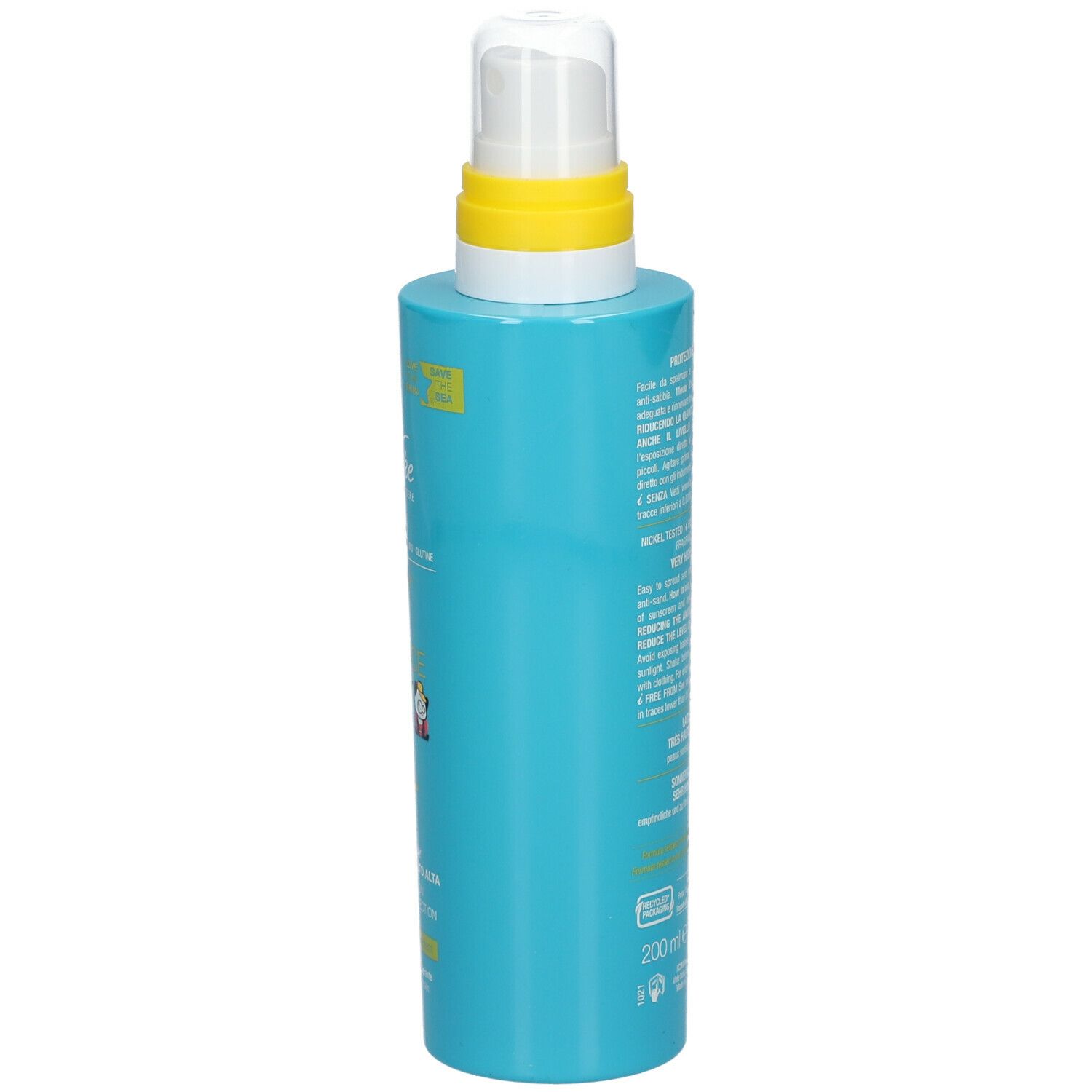 Flacone spray blu turchese, vista laterale. Erogatore giallo. Testo in più lingue.