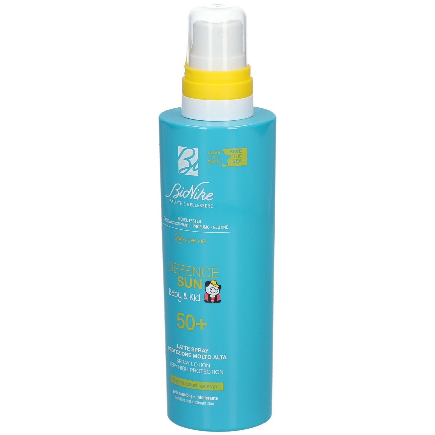 Flacone spray blu turchese con erogatore giallo. Scritta: Defence Sun Baby & Kid 50+.