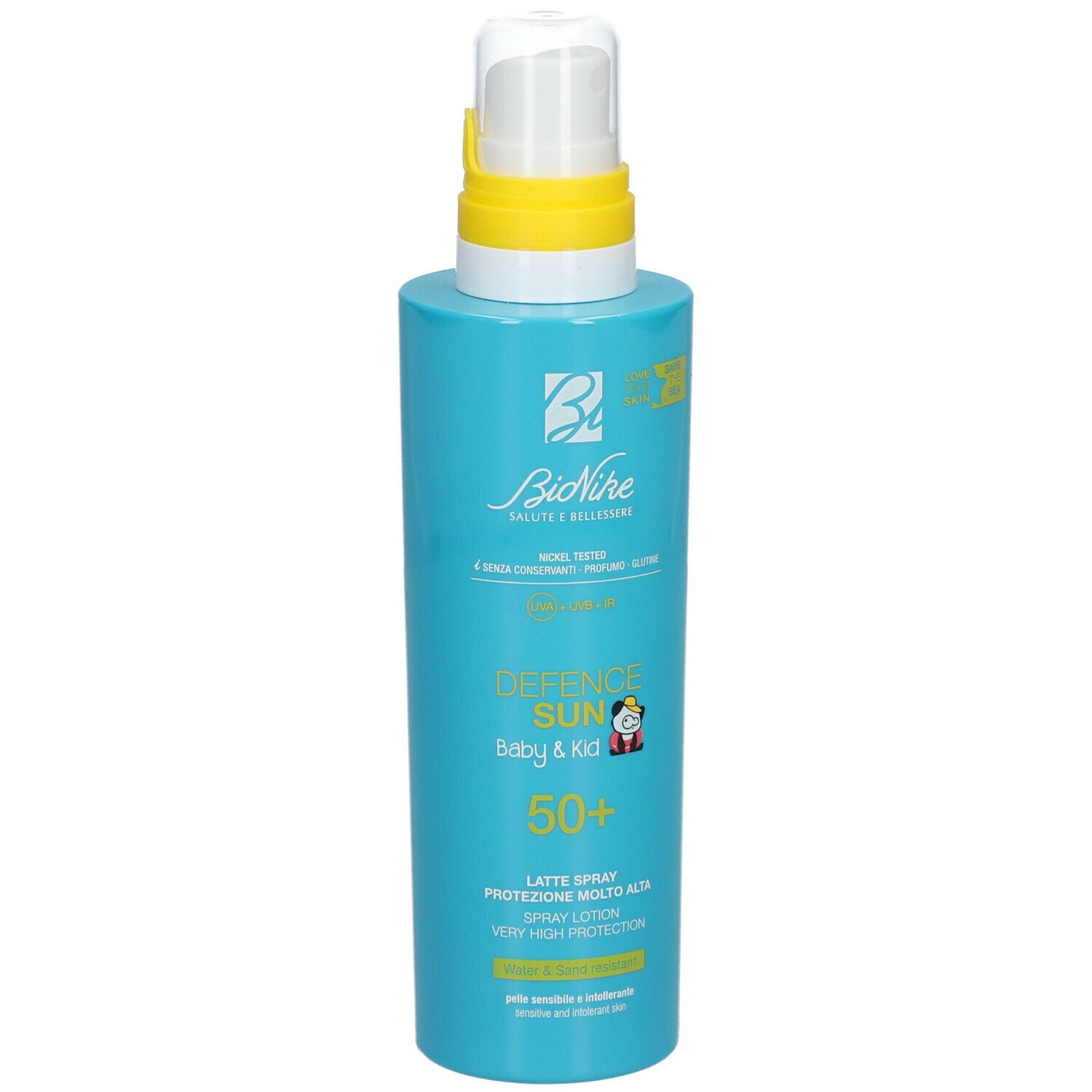 Flacone spray blu turchese con erogatore giallo. Scritta: Defence Sun Baby & Kid 50+.