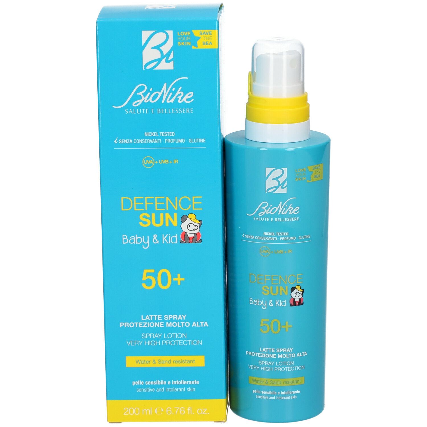 Flacone spray blu turchese e scatola. Scritta: Defence Sun Baby & Kid 50+.