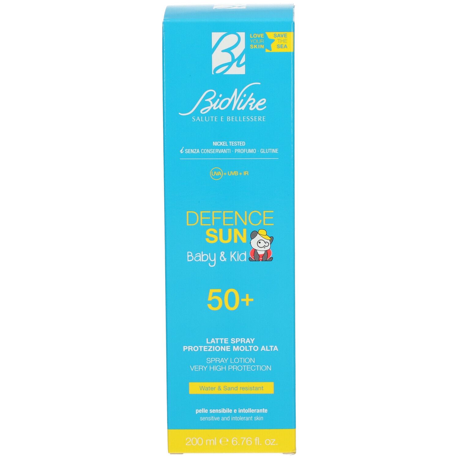 Scatola blu turchese. Scritta: Defence Sun Baby & Kid 50+.