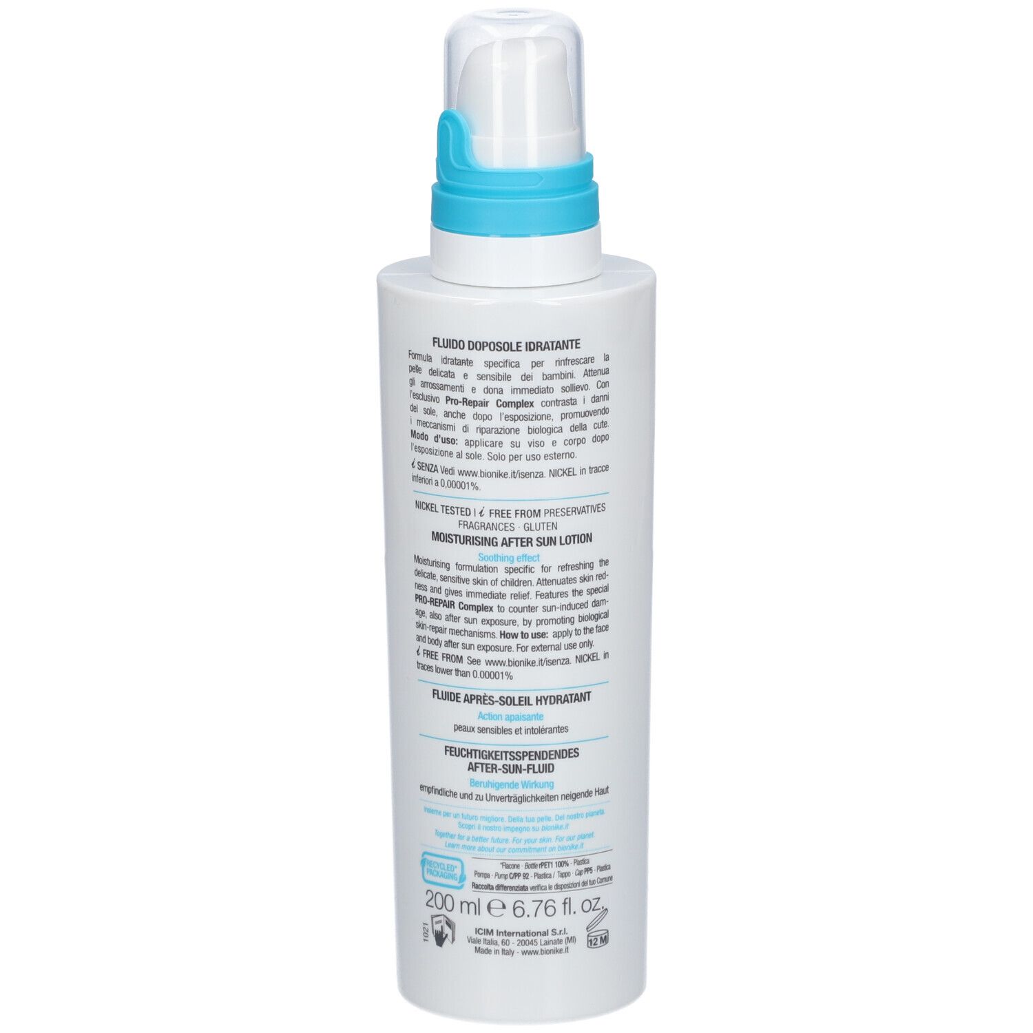 Weiße Flasche mit blauem Deckel. Aufschrift: Defence Sun Baby & Kid After Sun. Marke: BioNike. 200 ml.
