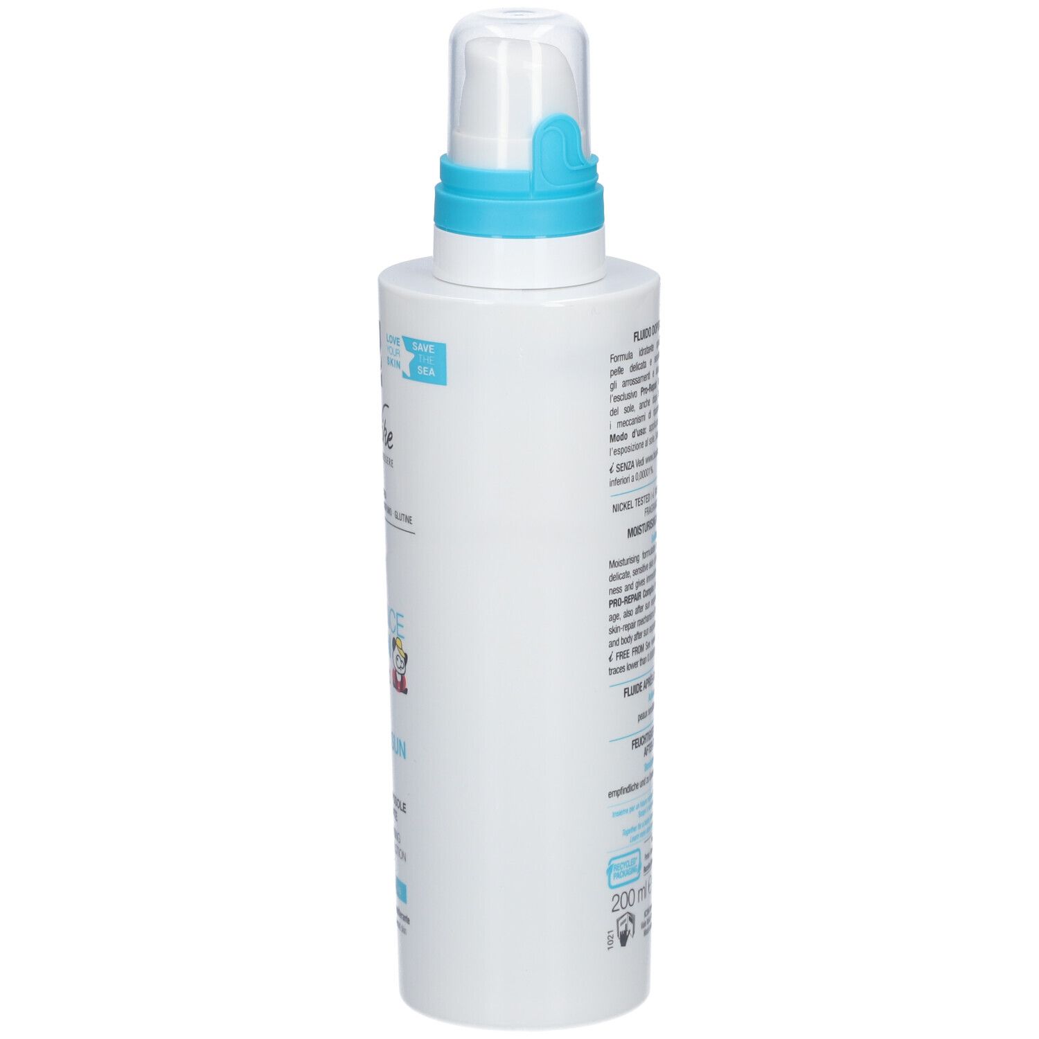 Weiße Flasche mit blauem Deckel. Aufschrift: Defence Sun Baby & Kid After Sun. Marke: BioNike. 200 ml.
