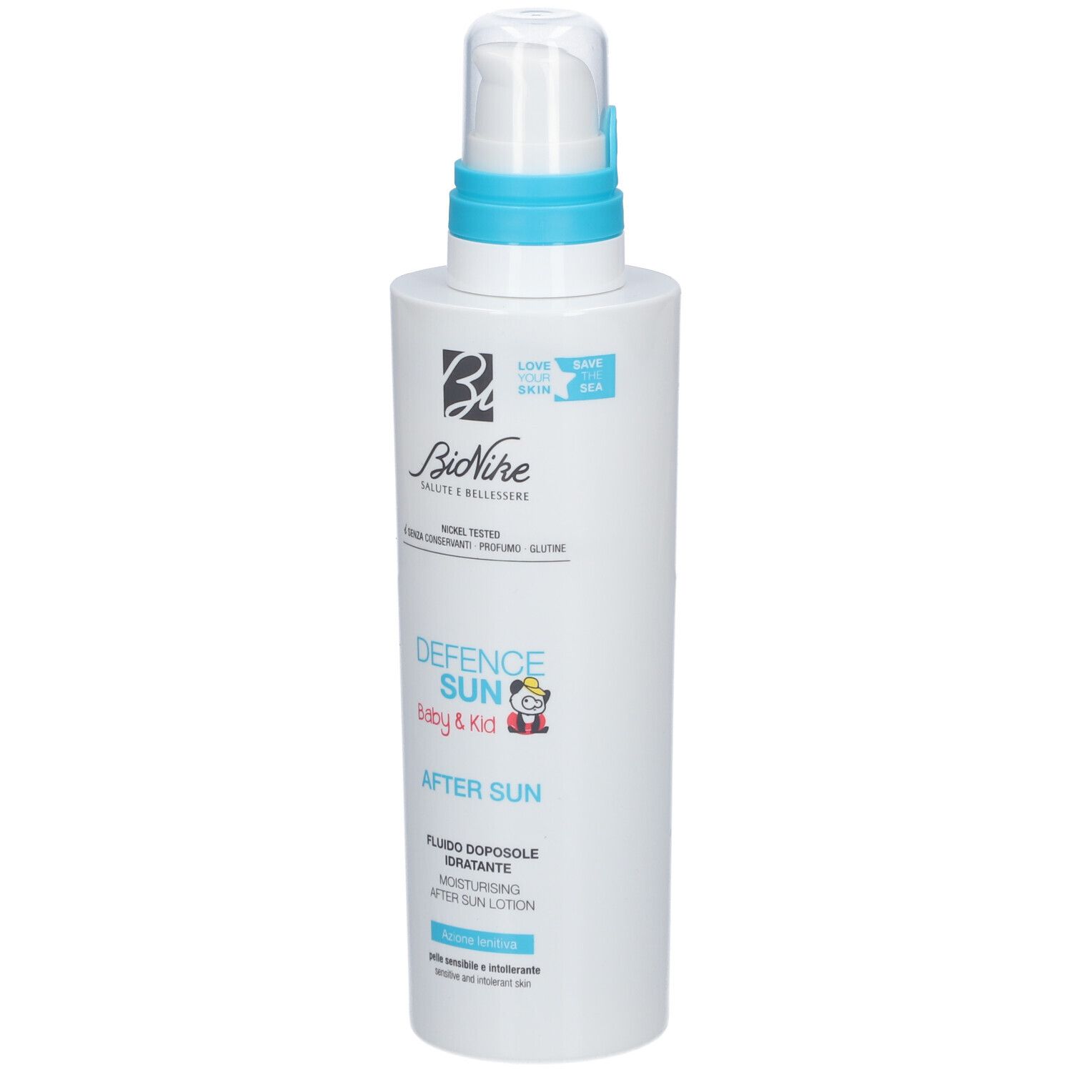 Weiße Flasche mit blauem Deckel. Aufschrift: Defence Sun Baby & Kid After Sun. Marke: BioNike.