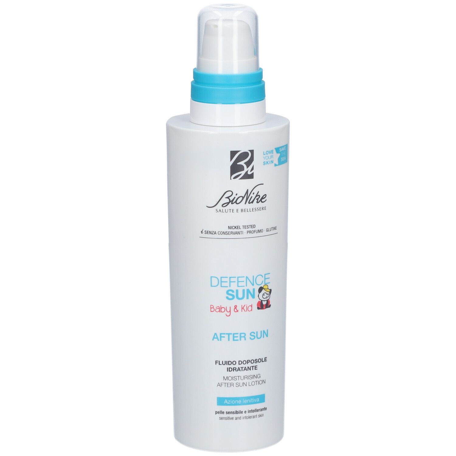 Weiße Flasche mit blauem Deckel. Aufschrift: Defence Sun Baby & Kid After Sun. Marke: BioNike.