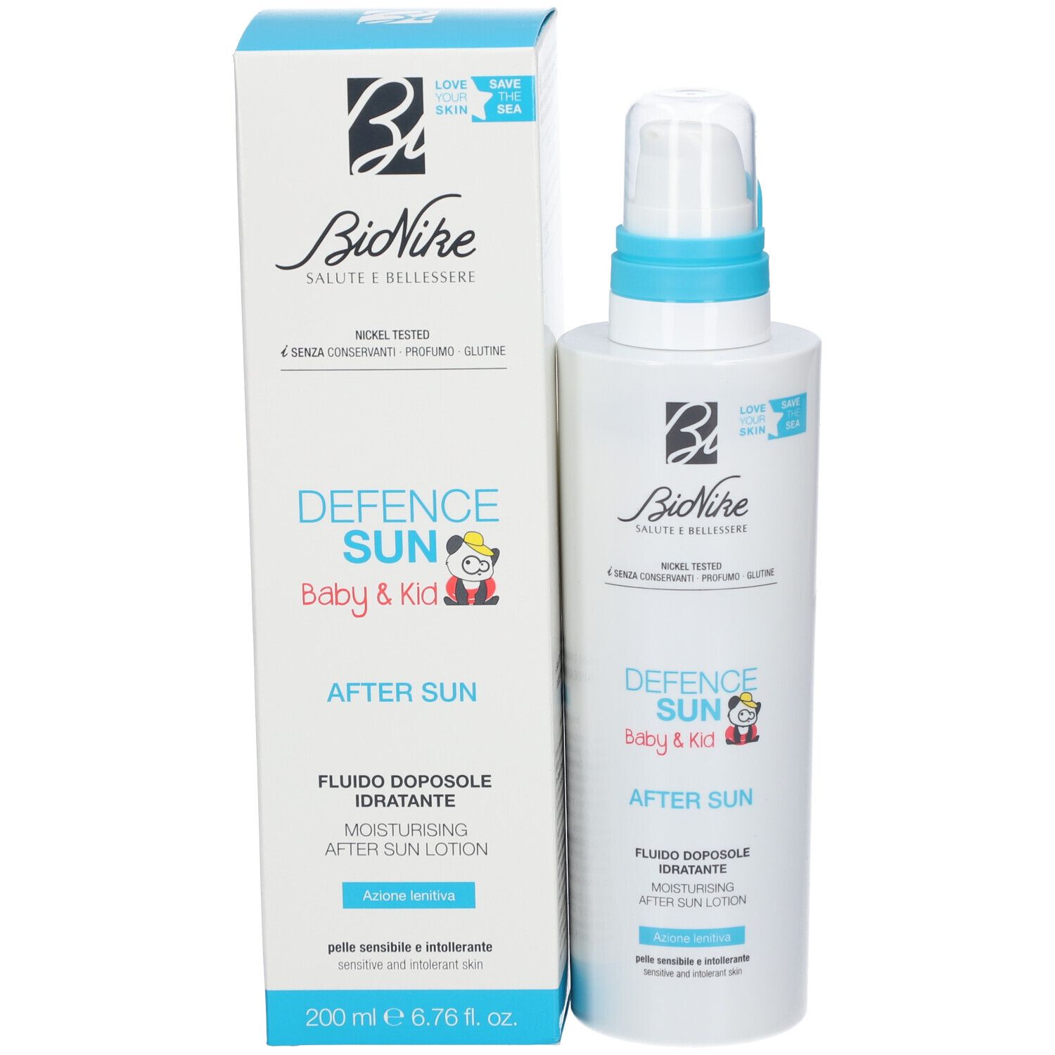 Produktflasche und Verpackung. Aufschrift: Defence Sun Baby & Kid After Sun. Marke: BioNike. 200 ml.