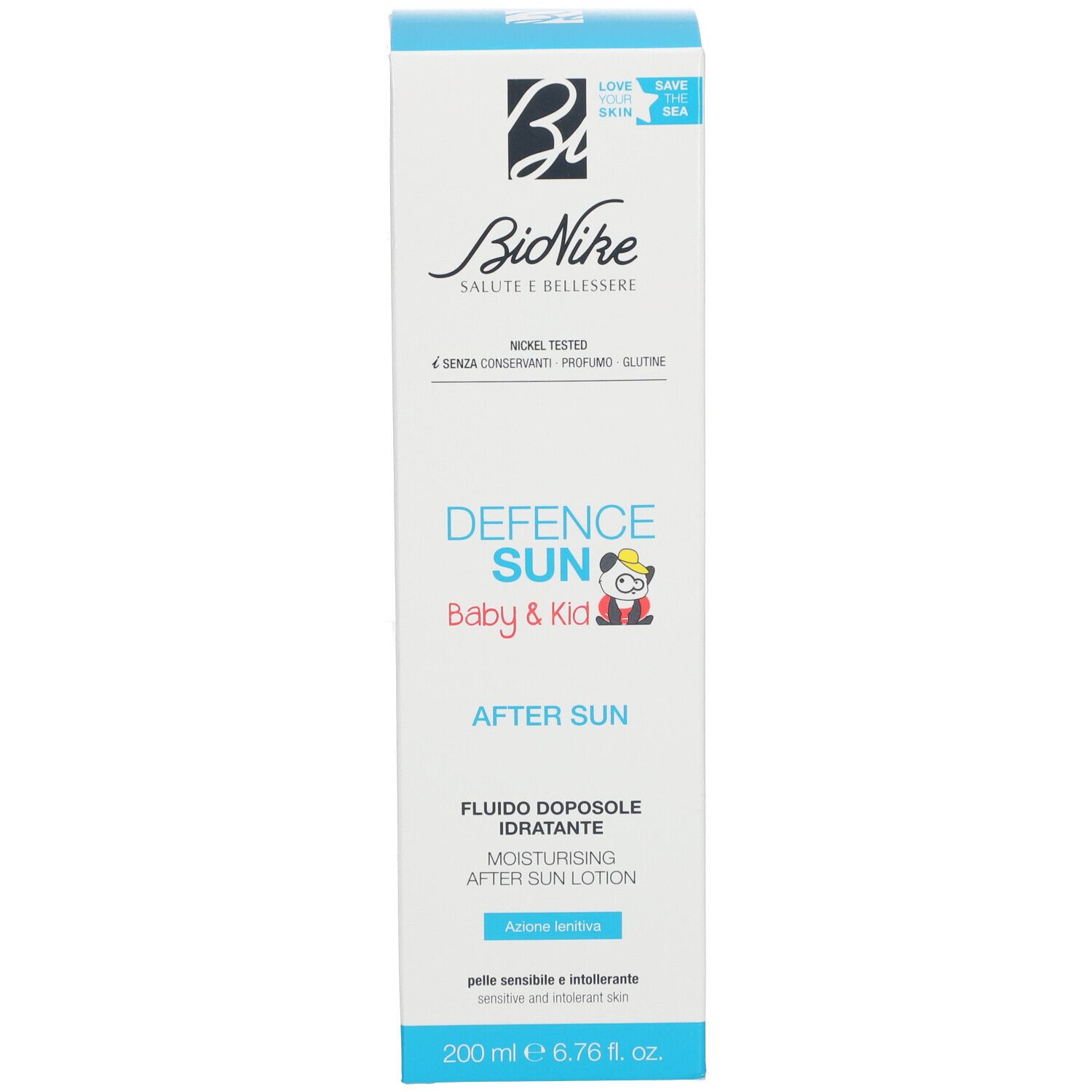Produktverpackung. Aufschrift: Defence Sun Baby & Kid After Sun. Marke: BioNike. 200 ml.