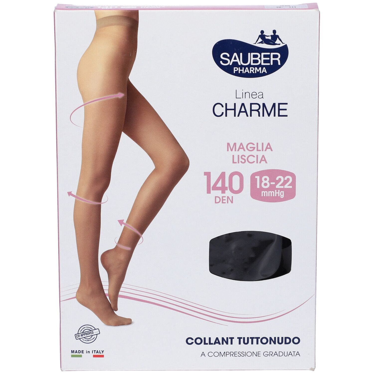 Confezione Sauber Charme Collant, 140 Denari, Tuttonudo. Collant neri. Confezione rosa.