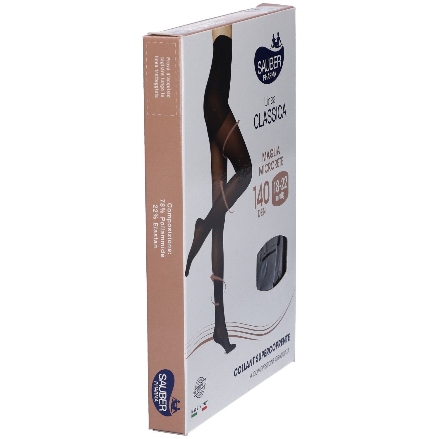 Verpackung der schwarzen Strumpfhose. Marke Sauber Pharma, Linie Classica. 140 Den, Supercoprente. Seitenansicht.