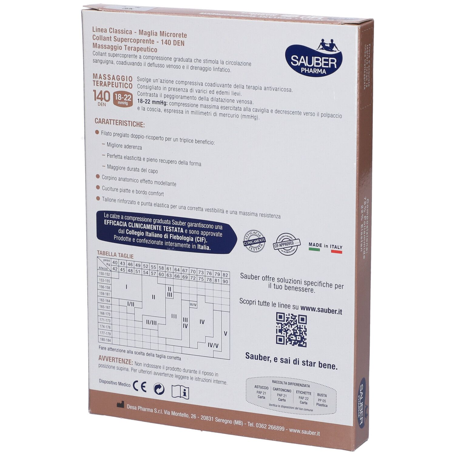 Rückseite der Verpackung. Marke Sauber Pharma. Informationen zu den Eigenschaften und der Kompression der Strumpfhose.