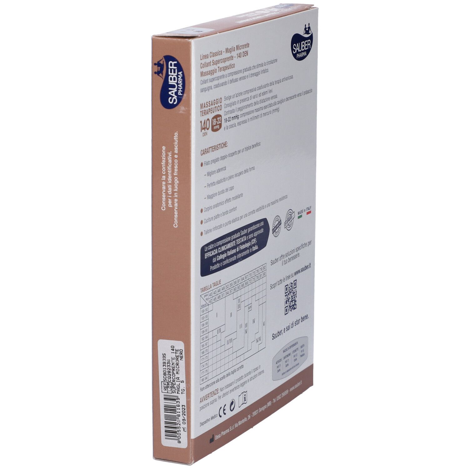 Verpackung der Strumpfhose. Marke Sauber Pharma. Seitenansicht mit Informationen zu den Inhaltsstoffen und der Marke.