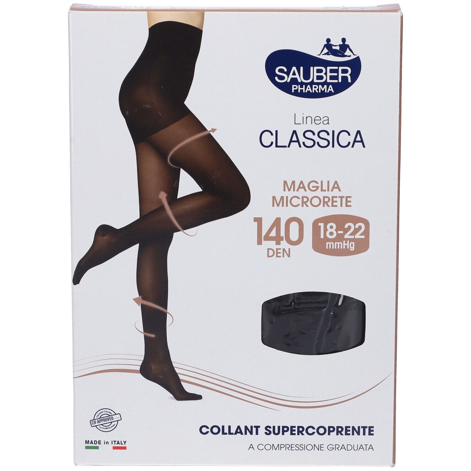 Schwarze Strumpfhose in Verpackung. Marke Sauber Pharma, Linie Classica. 140 Den, Supercoprente. Vorderansicht.