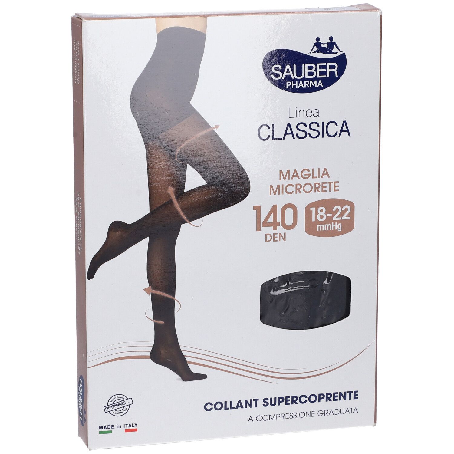 Schwarze Strumpfhose in Verpackung. Marke Sauber Pharma, Linie Classica. 140 Den, Supercoprente. Vorderansicht.