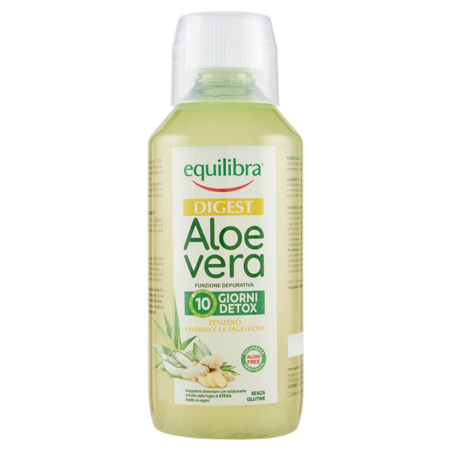 Liquido verde in bottiglia. Etichetta con Aloe Vera e zenzero. Marca: Equilibra. 10 giorni detox.