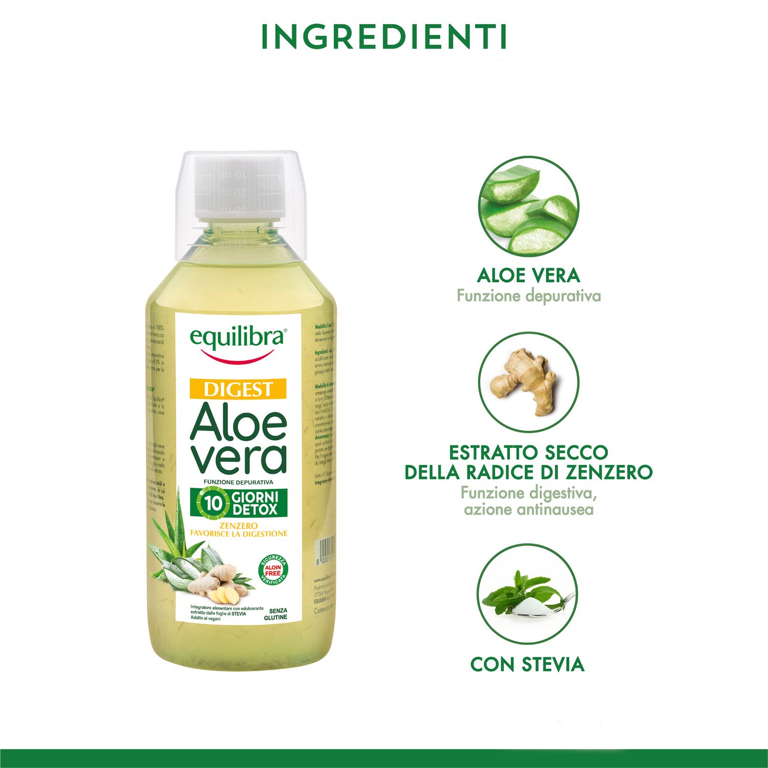 Ingredienti: Aloe Vera, estratto di zenzero, stevia. Immagini di Aloe Vera, zenzero e foglia di stevia.