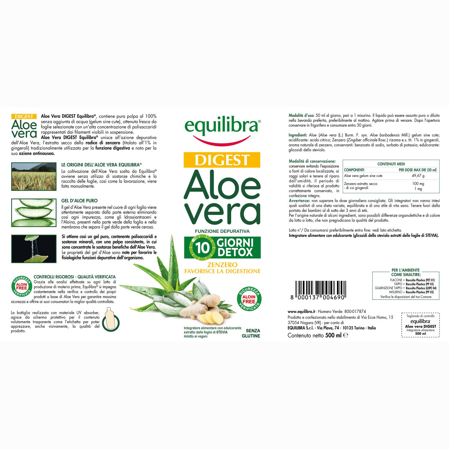 Etichetta del prodotto con Aloe Vera e zenzero. Marca: Equilibra. 10 giorni detox. Ingredienti e informazioni.