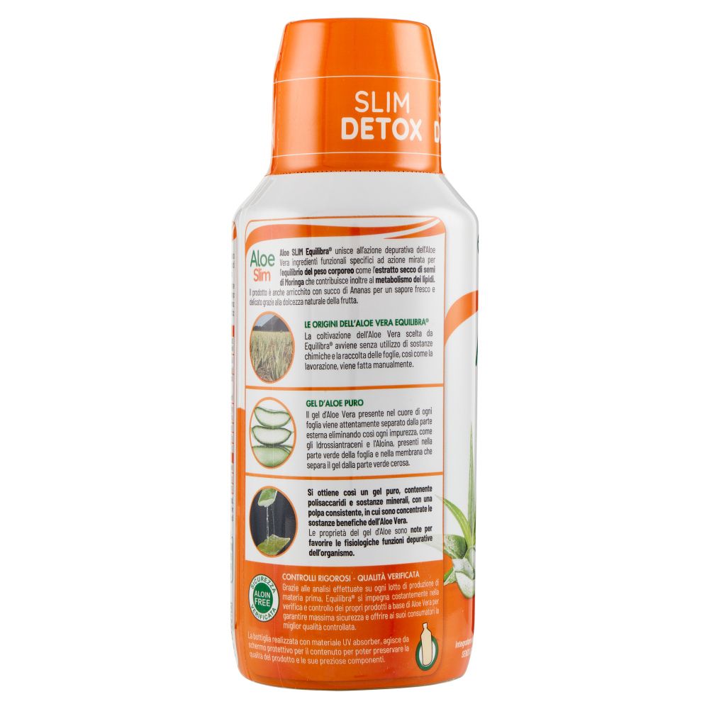 Retro della bottiglia Equilibra Aloe Slim. Testo e illustrazioni: coltivazione aloe vera, gel puro, foglia aloe vera.