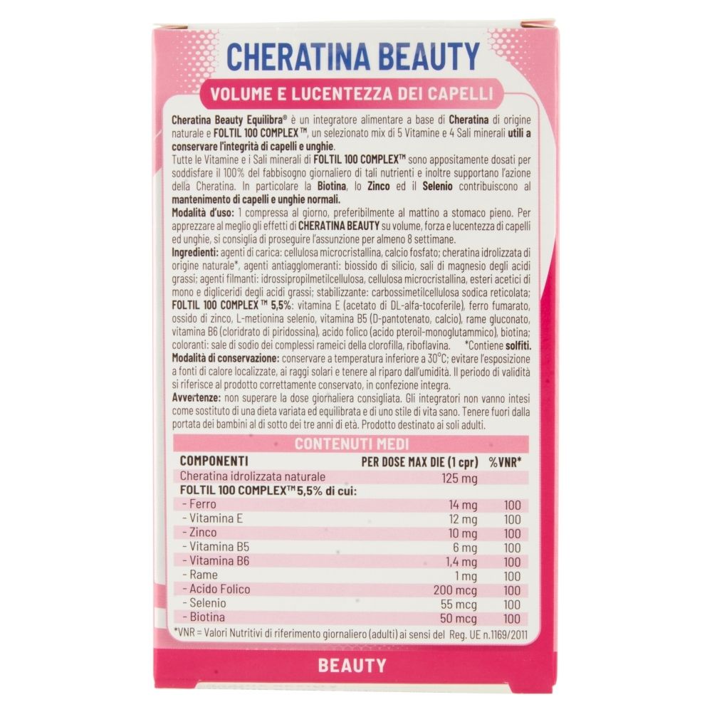 Retro della confezione di Equilibra® Cheratina Beauty. Contiene informazioni sugli ingredienti e i valori nutrizionali.